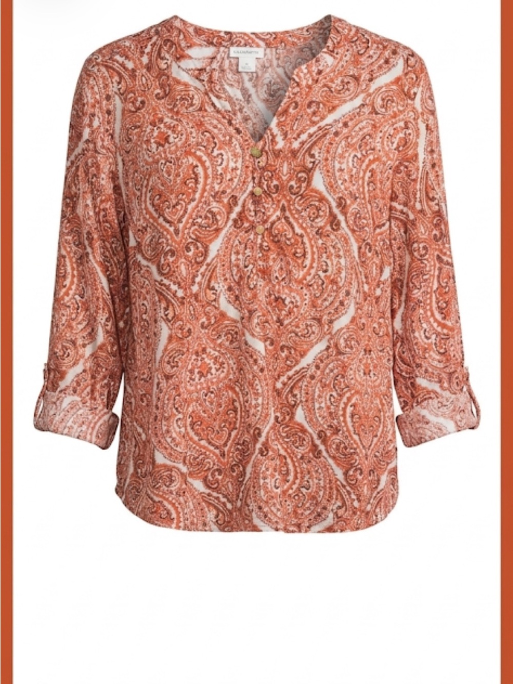 Liz Claiborne Rust  & White Paisley Henley Blouse